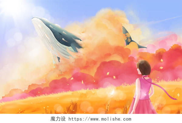手绘唯美风梦幻天空彩云上的鲸插画海报背景唯美插画风景